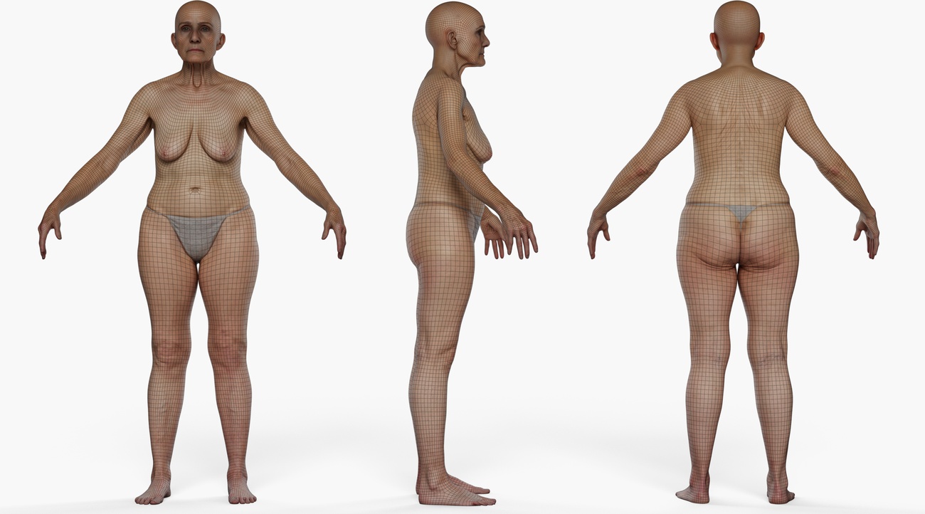 Wireframe topology overlay of an older female 3D body scan showing clean quad mesh edge loops
